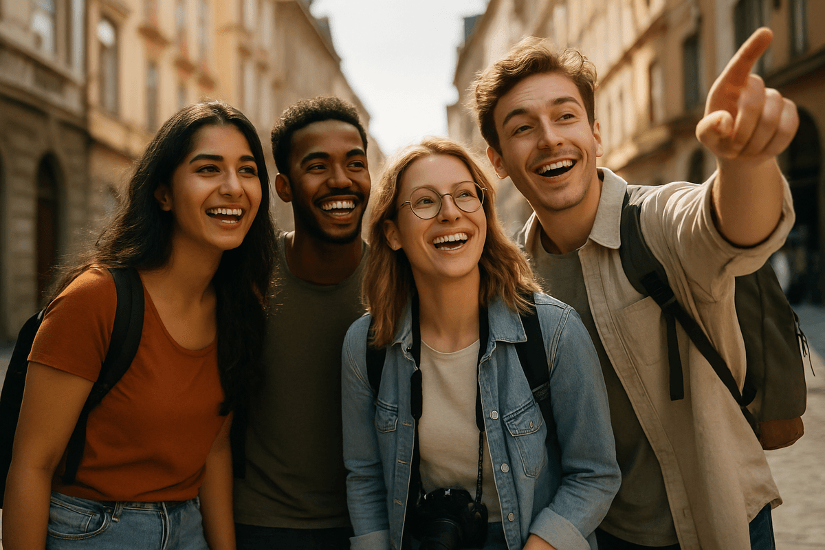 Group of young adults joyfully exploring different city landmarks, connecting through language and travel with Olalingo Campus Travel
