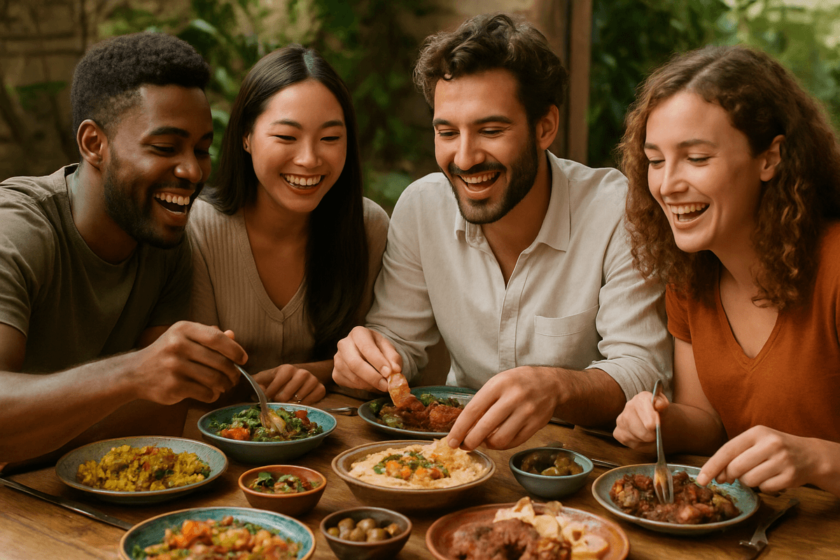 Young travelers enjoying local traditional cuisine together, experiencing authentic cultural activities with Olalingo Campus Travel