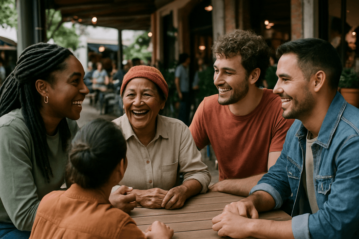 Travelers and locals happily interacting, exchanging languages, and building genuine social connections with Olalingo Campus Travel