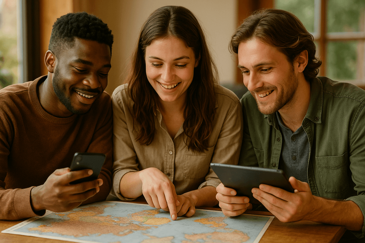 Young traveler using digital devices or maps for planning customized language journeys abroad with Olalingo Campus Travel