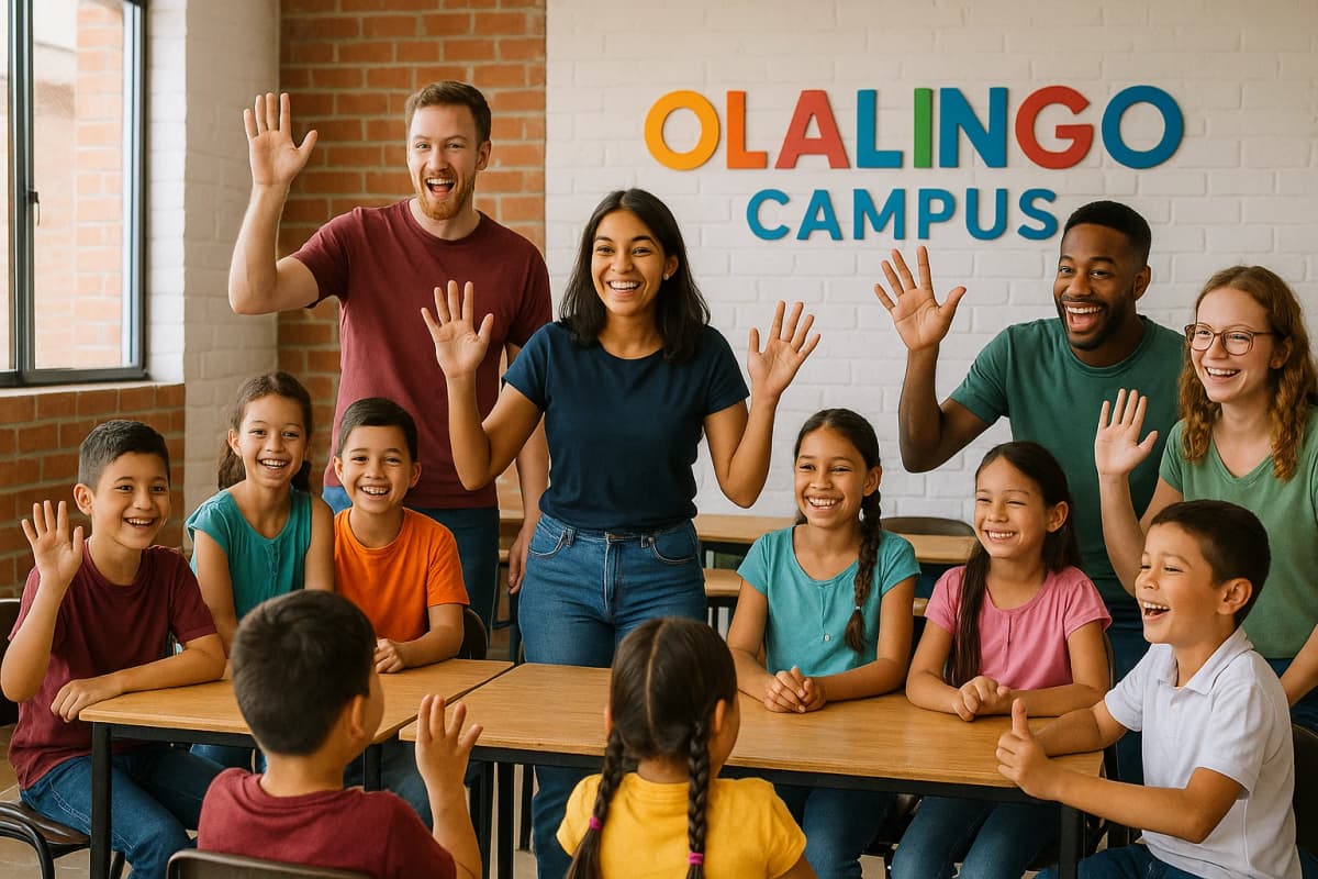 "Group of international volunteers leading a fun language class for smiling children in a Medellín community center at OlaLingo Campus."