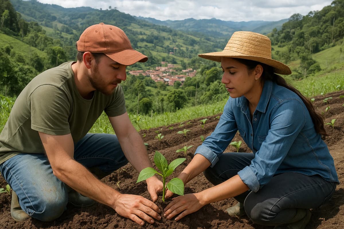 "Volunteers assisting in sustainable agriculture and environmental conservation projects in the rural outskirts of Medellín, Colombia."