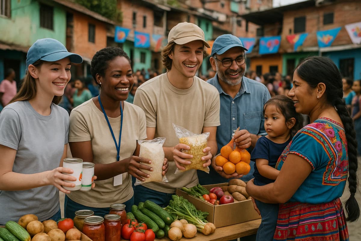 "Diverse volunteers participating in a food drive and cultural exchange event to support displaced families in Medellín."